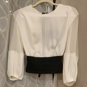 Beautiful silk & woven top blouse with band waist by HERVÉ LÉGER, brand new